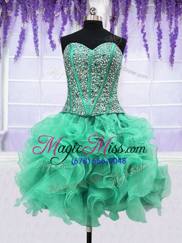wholesale trendy four piece turquoise ball gowns ruffles and sequins vestidos de quinceanera lace up organza sleeveless floor length