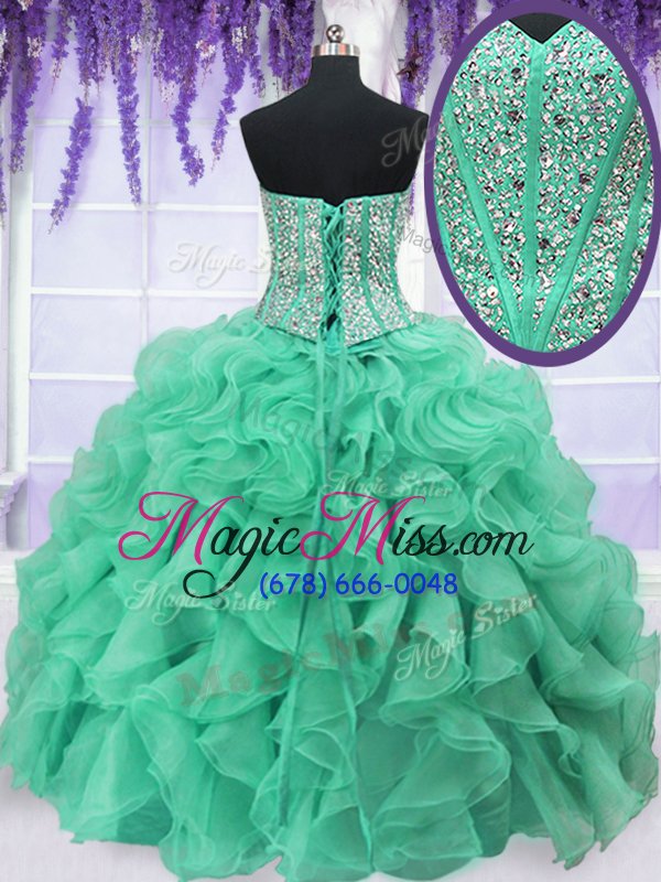 wholesale trendy four piece turquoise ball gowns ruffles and sequins vestidos de quinceanera lace up organza sleeveless floor length