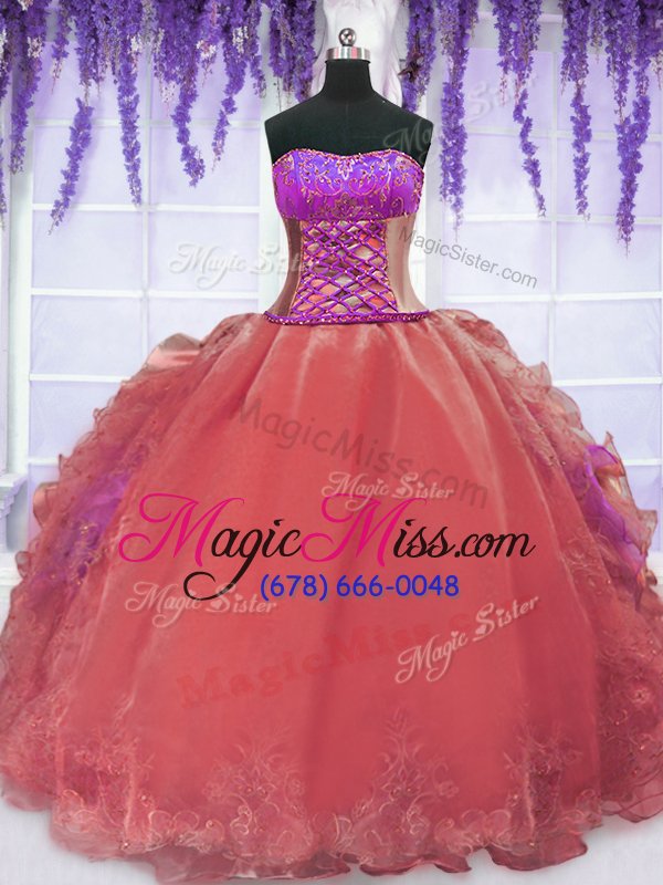 wholesale graceful organza strapless sleeveless lace up embroidery and ruffles quinceanera gown in watermelon red