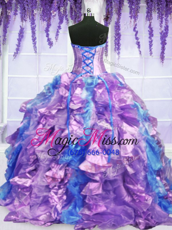 wholesale popular four piece lavender ball gowns embroidery and ruffles quince ball gowns lace up organza sleeveless floor length