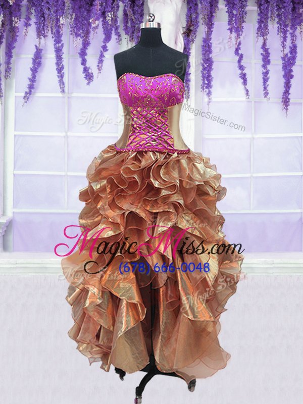 wholesale trendy four piece strapless sleeveless organza quinceanera dresses embroidery and ruffles lace up