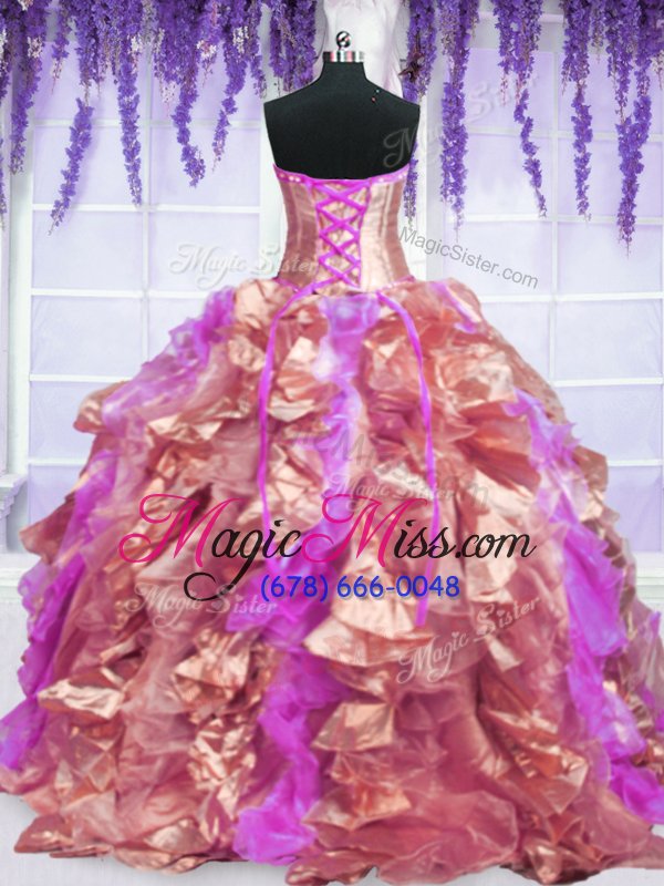 wholesale trendy four piece strapless sleeveless organza quinceanera dresses embroidery and ruffles lace up