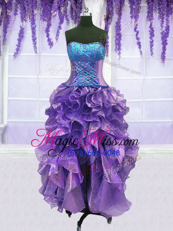 wholesale four piece lavender strapless neckline embroidery and ruffles quinceanera dress sleeveless lace up