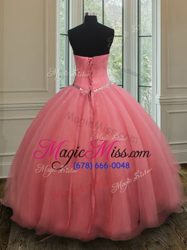wholesale fashion watermelon red sleeveless organza lace up vestidos de quinceanera for military ball and sweet 16 and quinceanera