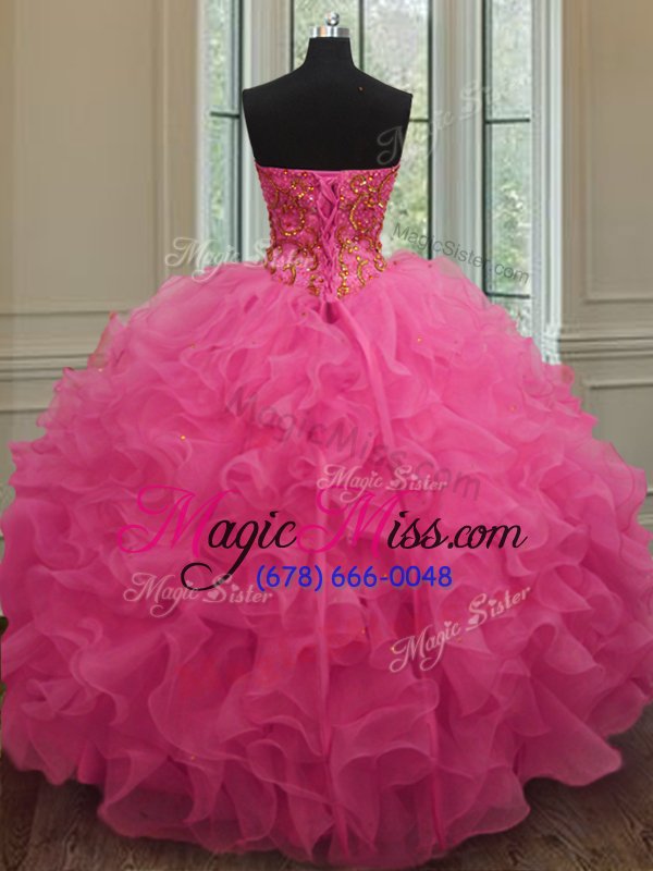 wholesale hot pink lace up sweet 16 dresses beading and ruffles sleeveless floor length