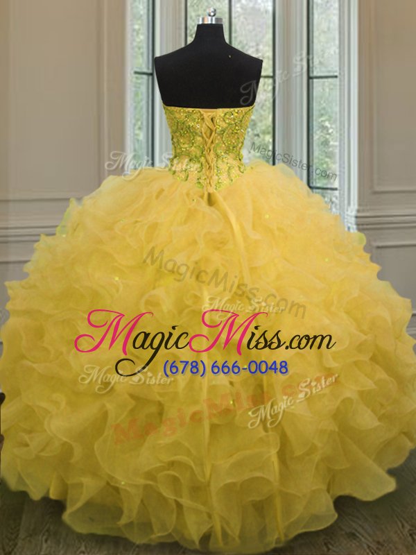 wholesale gold organza lace up sweetheart sleeveless floor length quinceanera gowns beading and ruffles