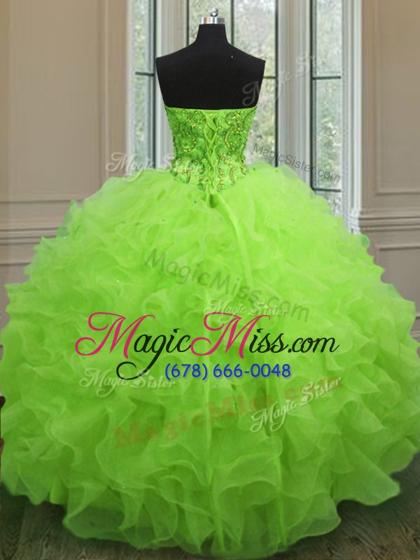 wholesale custom designed organza sweetheart sleeveless lace up beading and ruffles sweet 16 dresses in yellow green