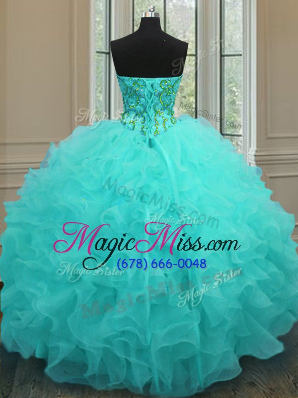 wholesale luxury aqua blue ball gowns organza sweetheart sleeveless beading and ruffles floor length lace up quinceanera dress
