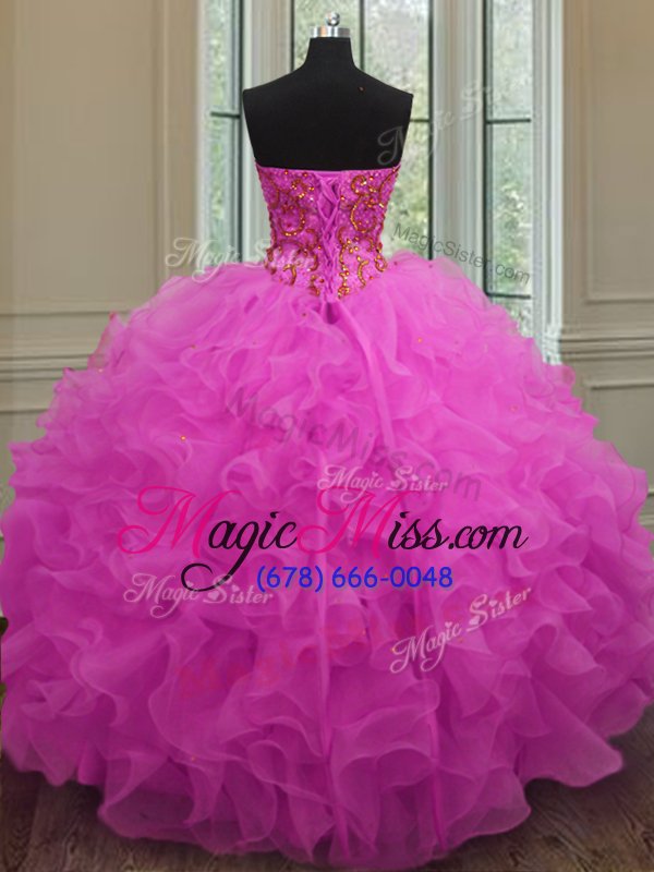 wholesale modest fuchsia organza lace up sweetheart sleeveless floor length quinceanera dress beading and ruffles