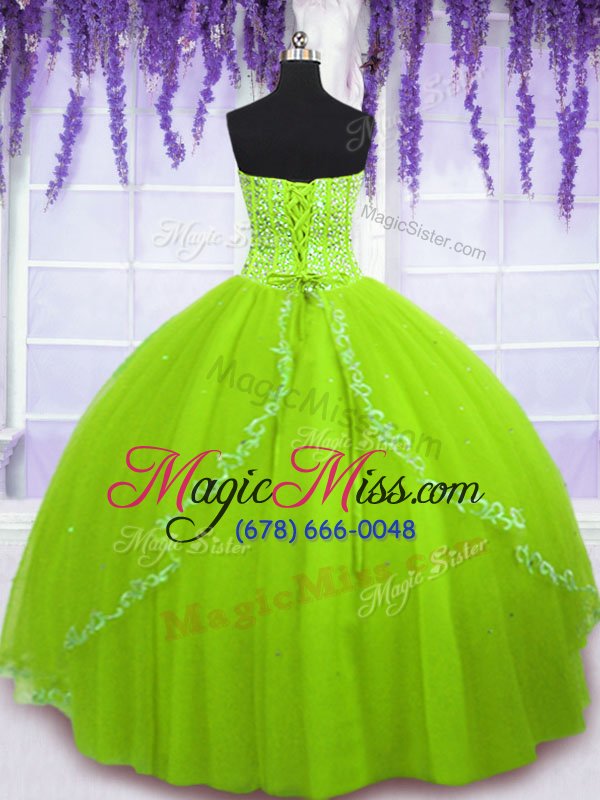 wholesale glittering yellow green sleeveless tulle lace up sweet 16 dress for military ball and sweet 16 and quinceanera