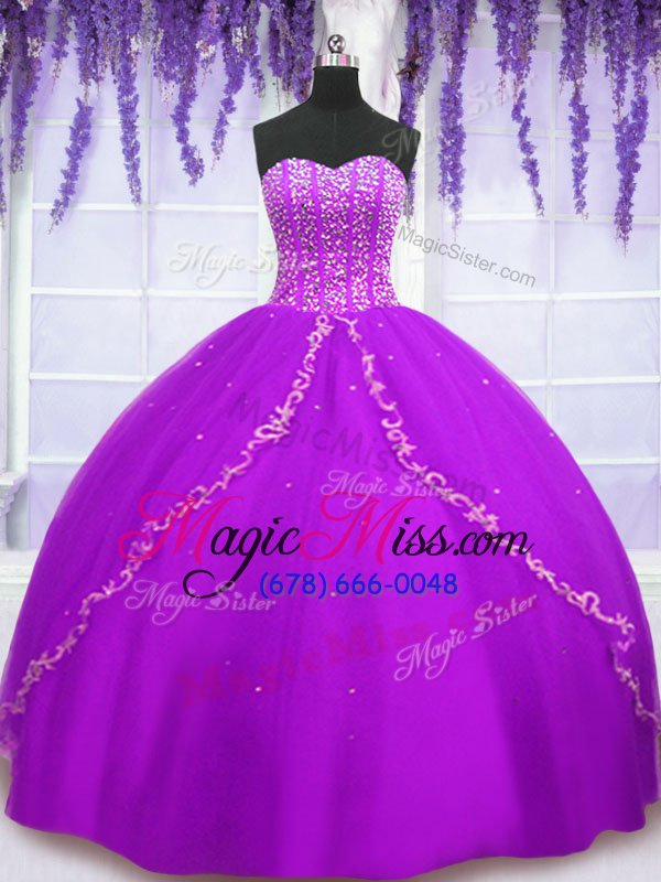 wholesale custom designed purple ball gowns beading and sequins quinceanera dresses lace up tulle sleeveless floor length