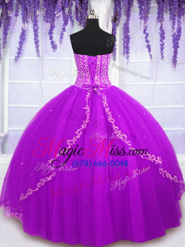 wholesale custom designed purple ball gowns beading and sequins quinceanera dresses lace up tulle sleeveless floor length