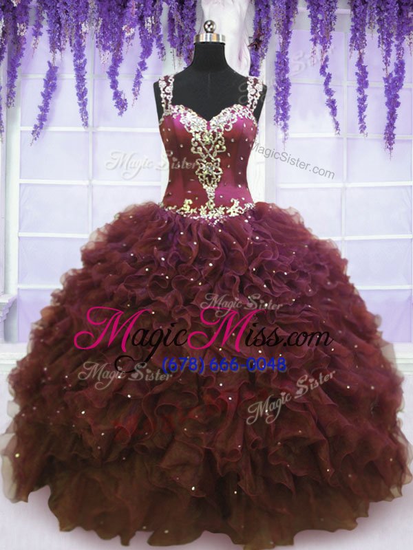 wholesale latest burgundy quinceanera gown military ball and sweet 16 and quinceanera and for with beading and ruffles straps sleeveless zipper