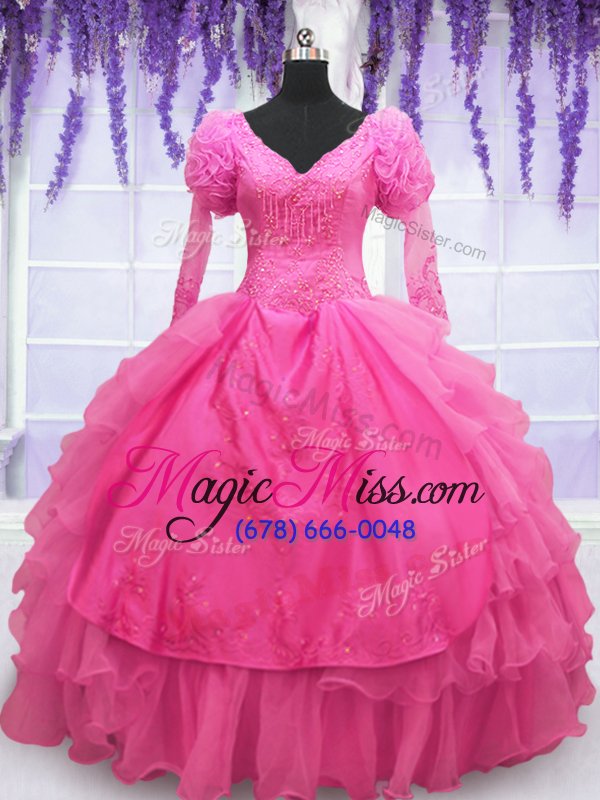 wholesale traditional hot pink v-neck neckline beading and embroidery and hand made flower quinceanera gowns long sleeves lace up