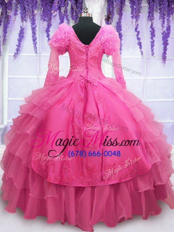 wholesale traditional hot pink v-neck neckline beading and embroidery and hand made flower quinceanera gowns long sleeves lace up