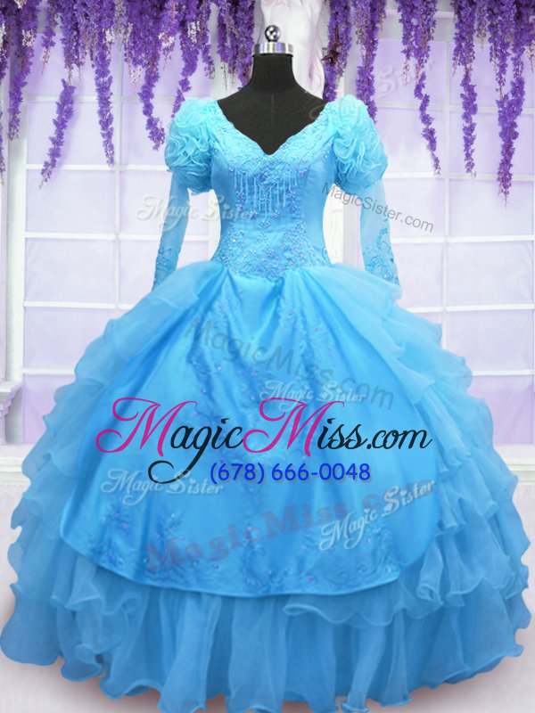 wholesale glittering baby blue ball gowns organza v-neck long sleeves beading and embroidery and hand made flower floor length lace up sweet 16 quinceanera dress