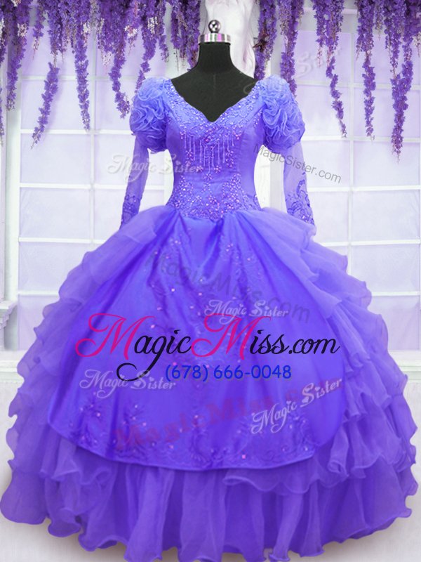 wholesale sumptuous v-neck long sleeves lace up sweet 16 dress purple organza