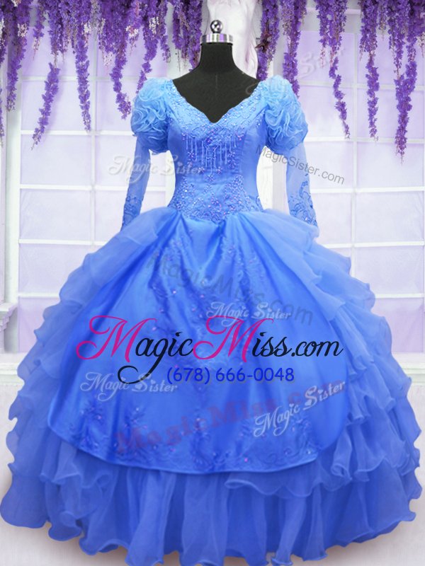 wholesale colorful one shoulder long sleeves lace up 15th birthday dress blue organza