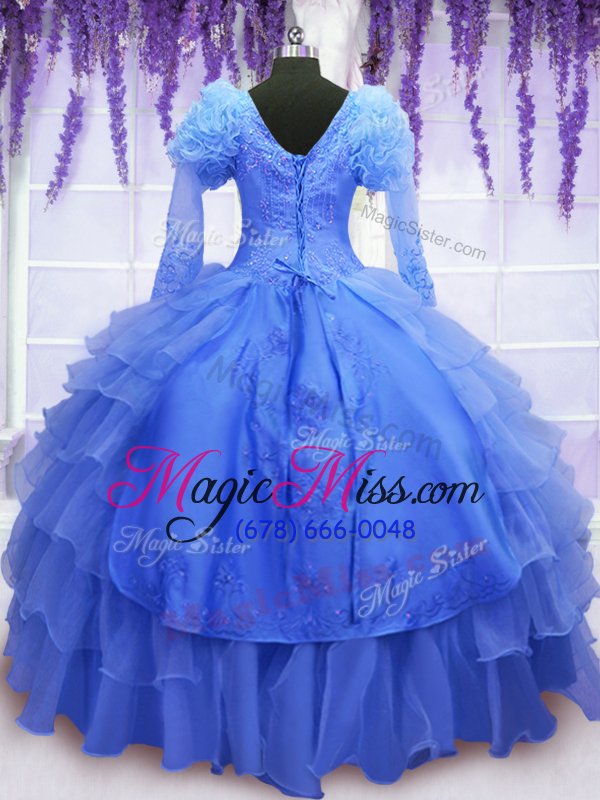 wholesale colorful one shoulder long sleeves lace up 15th birthday dress blue organza