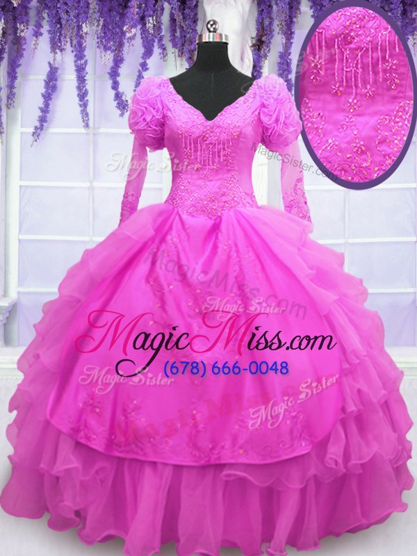 wholesale most popular hot pink ball gowns organza v-neck long sleeves beading and embroidery and hand made flower floor length lace up sweet 16 dress