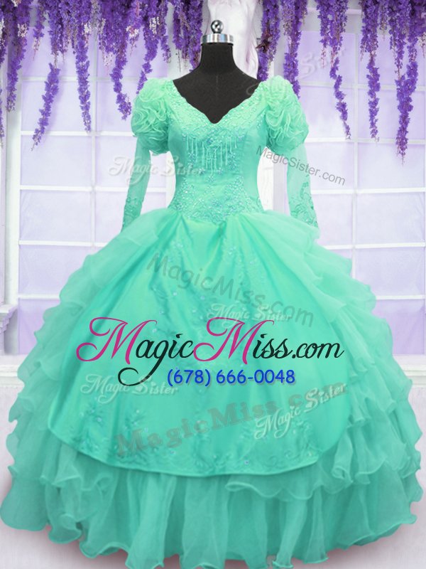 wholesale luxurious beading and embroidery and hand made flower quinceanera dress turquoise lace up long sleeves floor length