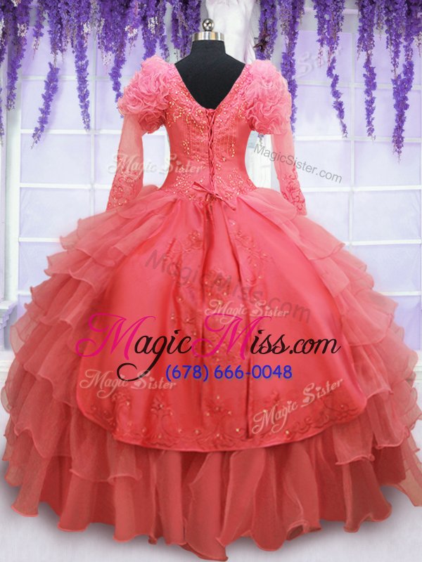 wholesale smart long sleeves floor length beading and embroidery lace up quinceanera gowns with coral red