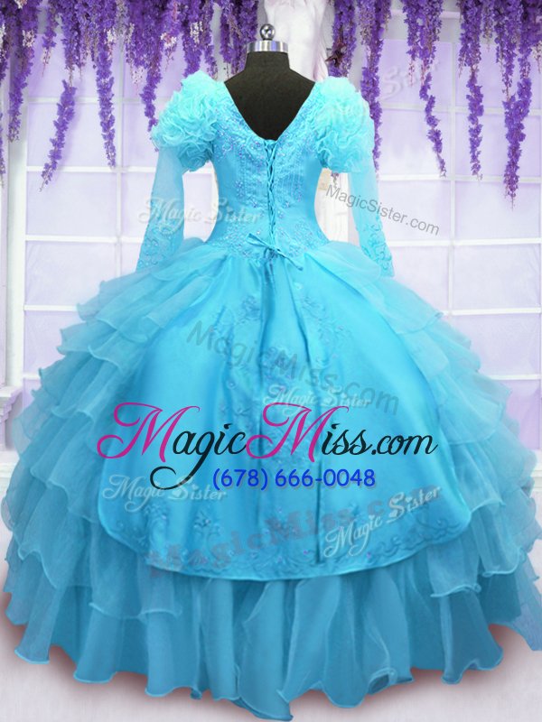 wholesale free and easy baby blue lace up v-neck embroidery vestidos de quinceanera organza long sleeves