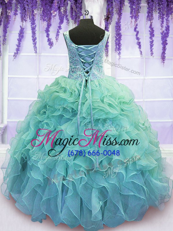wholesale cheap blue ball gowns organza v-neck sleeveless beading and embroidery and ruffles floor length lace up 15 quinceanera dress