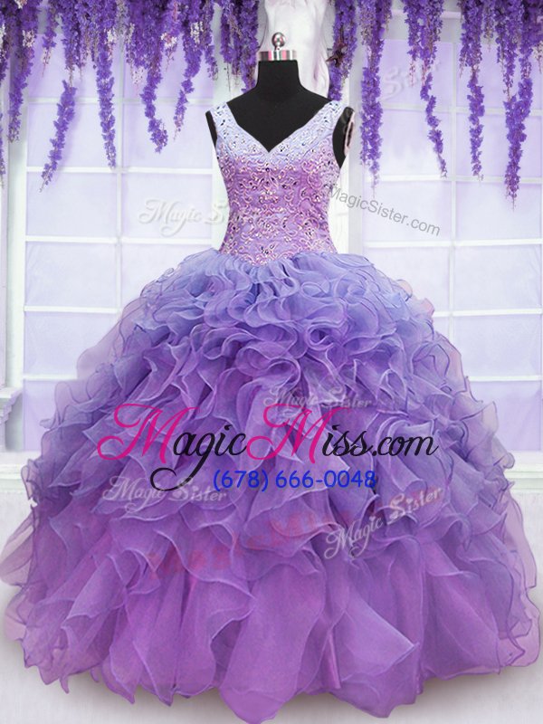 wholesale lavender v-neck lace up beading and embroidery and ruffles quinceanera gowns sleeveless