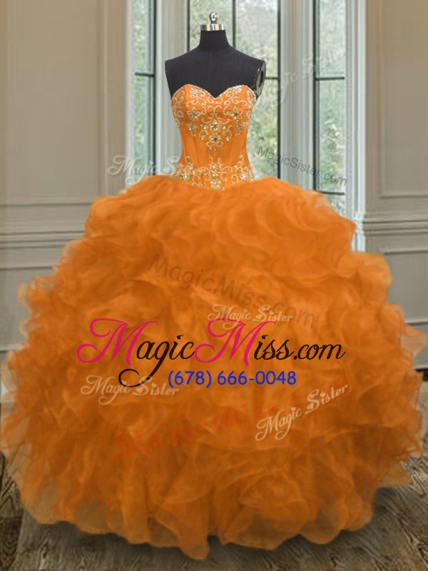 wholesale glittering beading and embroidery and ruffles vestidos de quinceanera orange lace up sleeveless floor length