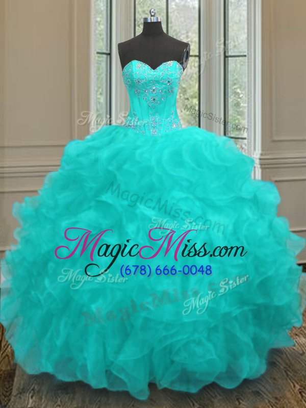 wholesale amazing sweetheart sleeveless quinceanera dresses floor length beading and embroidery and ruffles aqua blue organza