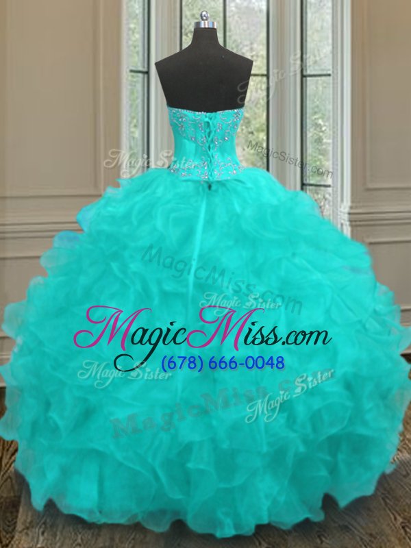 wholesale amazing sweetheart sleeveless quinceanera dresses floor length beading and embroidery and ruffles aqua blue organza