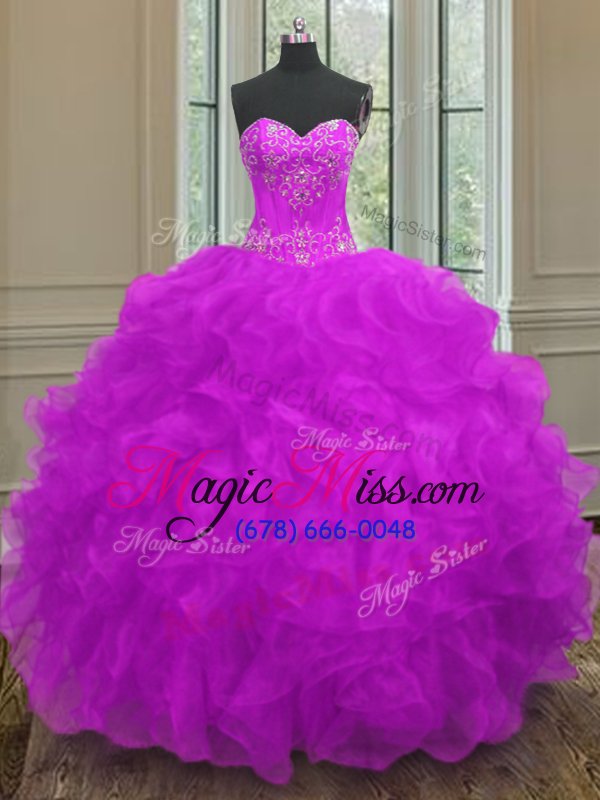wholesale on sale sleeveless floor length beading and embroidery and ruffles lace up sweet 16 dress with purple