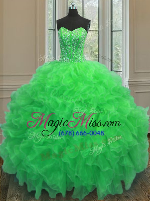 wholesale unique green organza lace up quinceanera gowns sleeveless floor length beading and ruffles