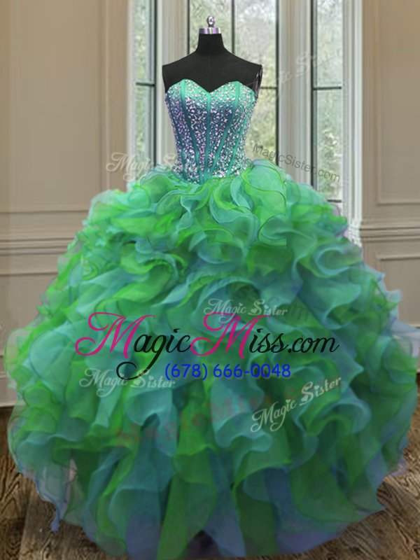 wholesale luxurious multi-color organza lace up sweet 16 quinceanera dress sleeveless floor length beading and ruffles