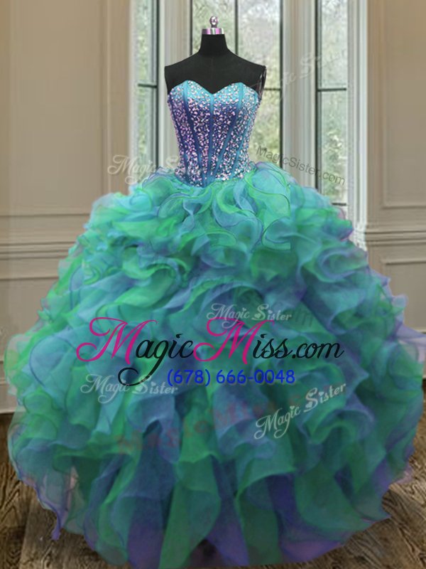 wholesale high end sweetheart sleeveless 15 quinceanera dress floor length beading and ruffles multi-color organza