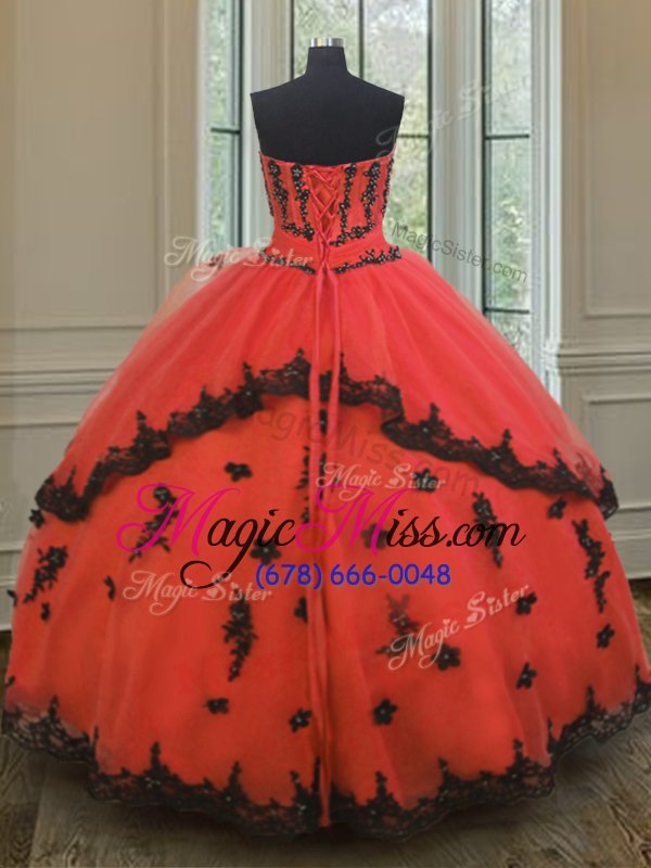wholesale spectacular red ball gowns strapless sleeveless tulle floor length lace up appliques ball gown prom dress