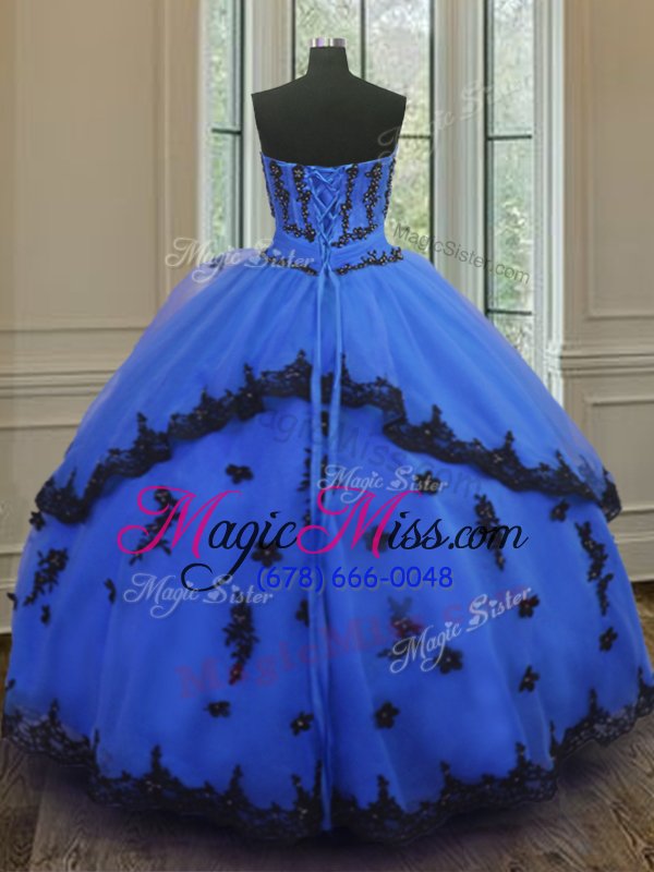 wholesale gorgeous blue ball gowns appliques sweet 16 dresses lace up tulle sleeveless floor length