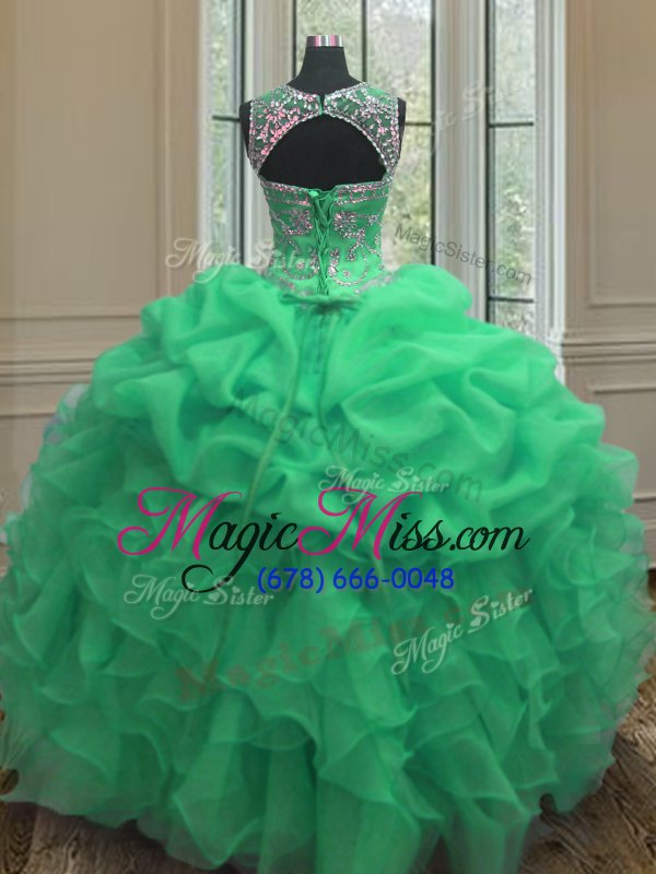 wholesale scoop green sleeveless floor length beading and ruffles lace up ball gown prom dress