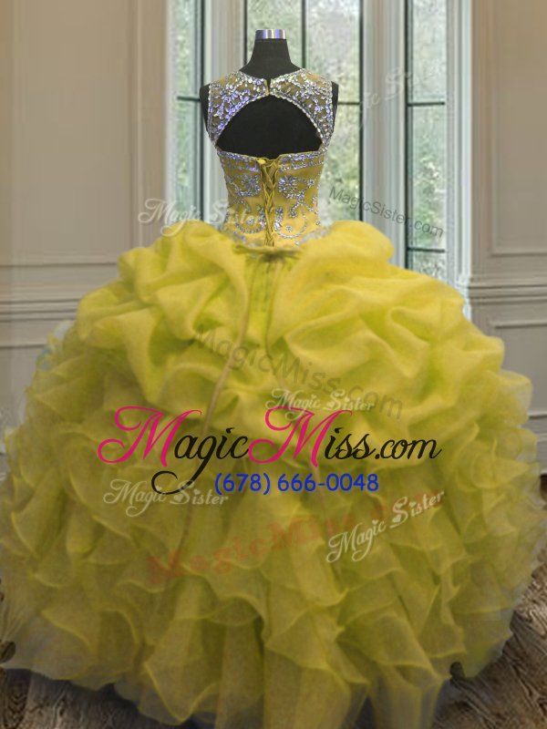 wholesale amazing yellow scoop lace up beading and ruffles and pick ups quinceanera dress sleeveless