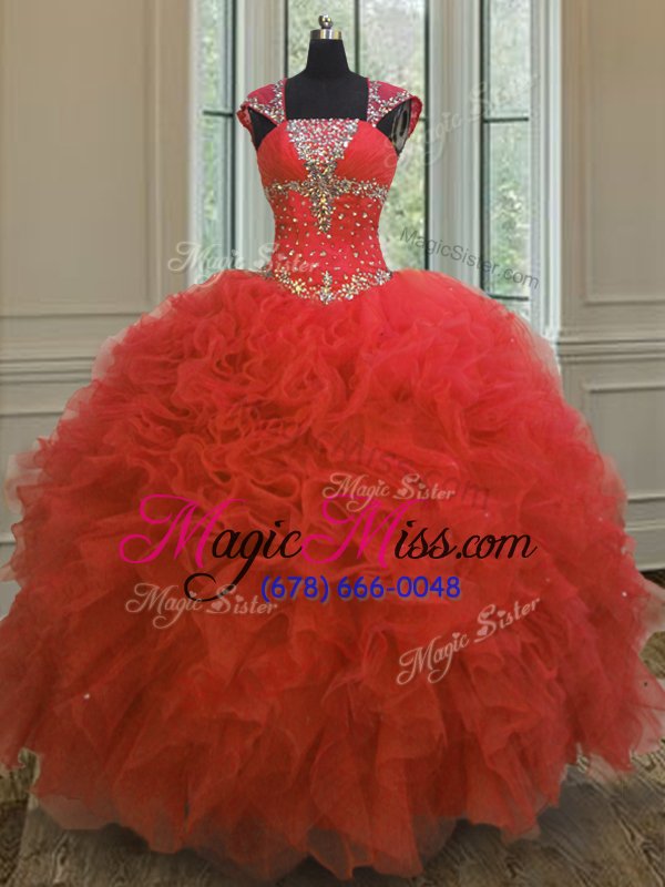 wholesale low price straps straps coral red ball gowns beading and ruffles and sequins sweet 16 quinceanera dress lace up organza cap sleeves floor length