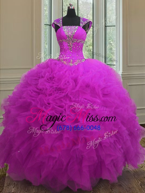 wholesale great fuchsia ball gowns organza straps sleeveless beading and ruffles and sequins floor length lace up ball gown prom dress