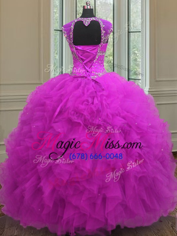 wholesale great fuchsia ball gowns organza straps sleeveless beading and ruffles and sequins floor length lace up ball gown prom dress