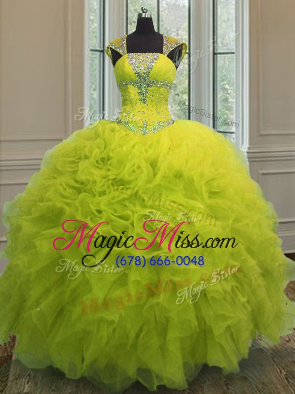 wholesale clearance straps straps sequins yellow green cap sleeves organza lace up quince ball gowns for military ball and sweet 16 and quinceanera