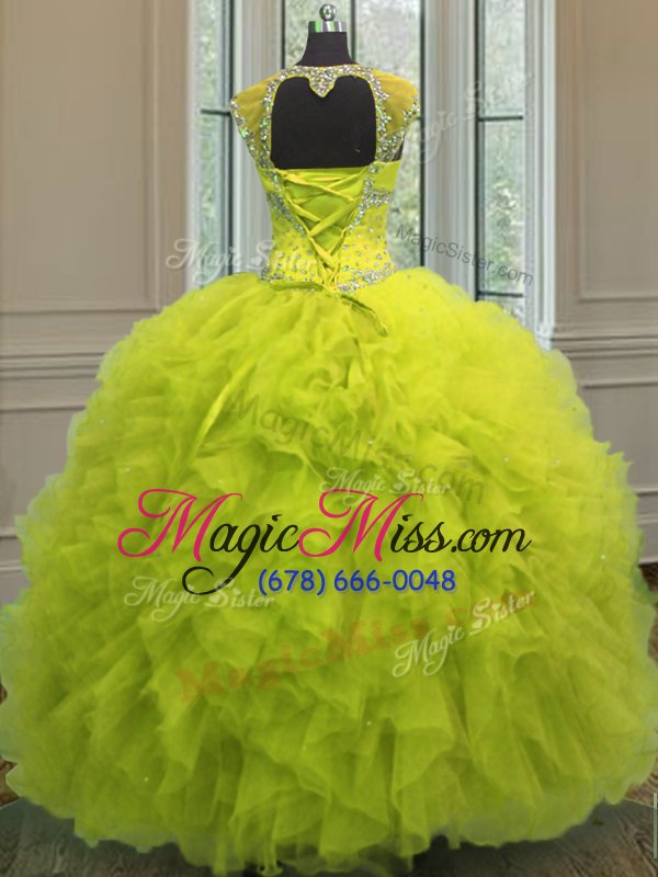 wholesale clearance straps straps sequins yellow green cap sleeves organza lace up quince ball gowns for military ball and sweet 16 and quinceanera