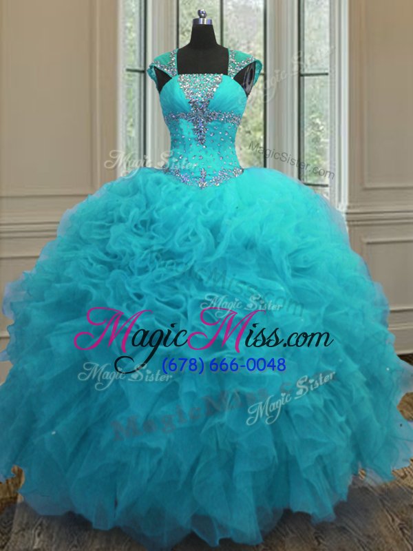wholesale luxurious straps straps aqua blue lace up 15th birthday dress beading and ruffles and sequins cap sleeves floor length