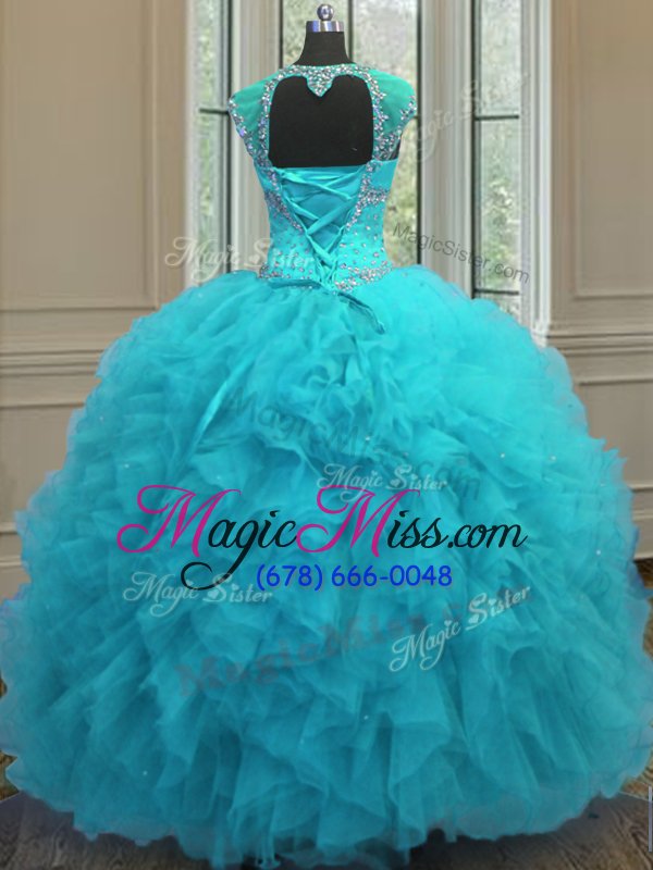 wholesale luxurious straps straps aqua blue lace up 15th birthday dress beading and ruffles and sequins cap sleeves floor length