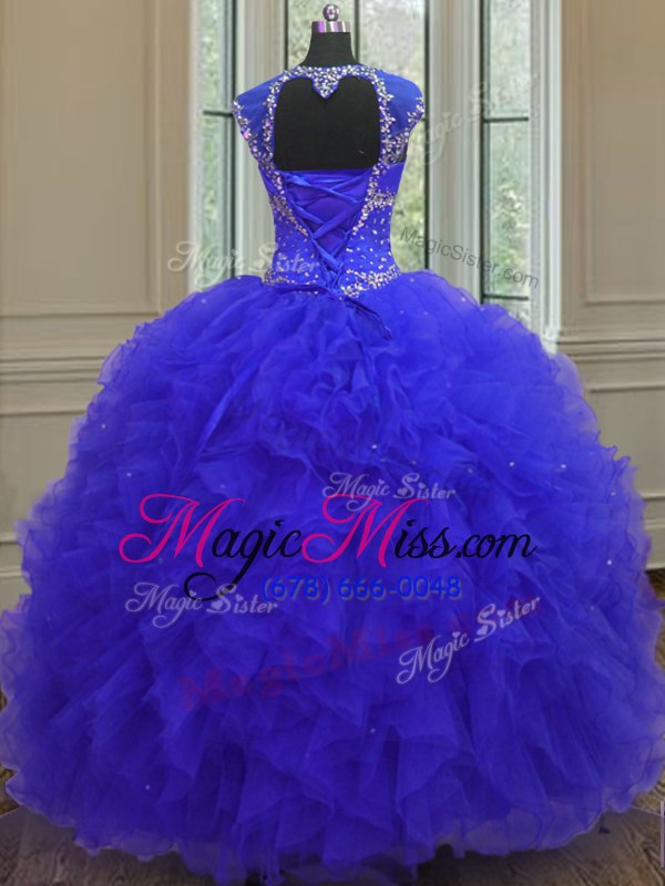 wholesale sequins ball gowns sweet 16 dress blue straps organza cap sleeves high low lace up