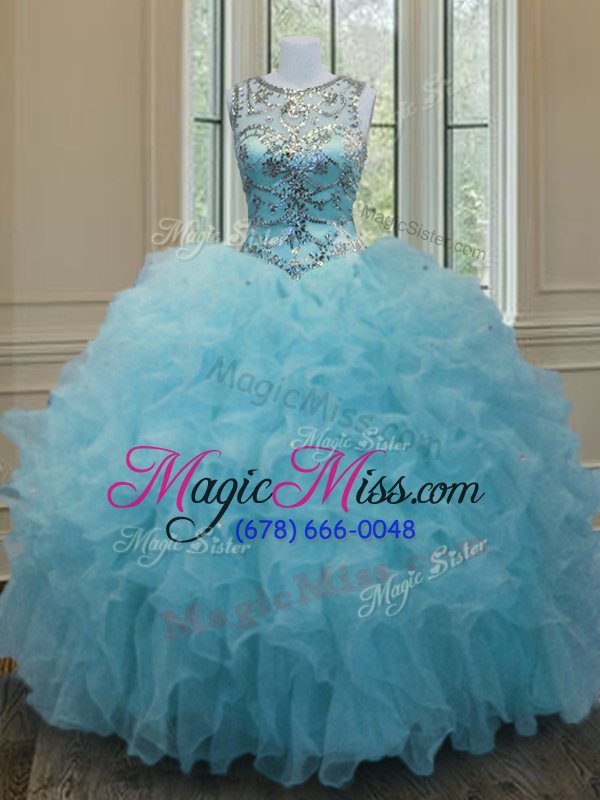 wholesale comfortable scoop sleeveless lace up 15th birthday dress aqua blue organza