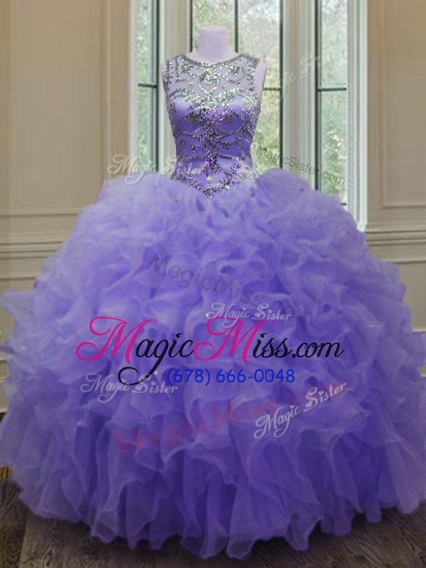 wholesale simple scoop floor length lavender quinceanera gowns organza sleeveless beading and ruffles